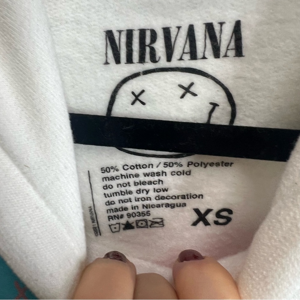 NIRVANA White Hooded Pop Art 90s Inspired Graphic French Terry Sweatshirt, XS - Picture 10 of 10